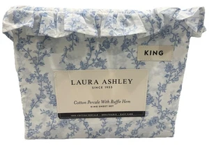 Laura Ashley King Sheet Set “Victoria Blue” Ruffle Floral 4pc Cottage Farmhouse - Picture 1 of 6