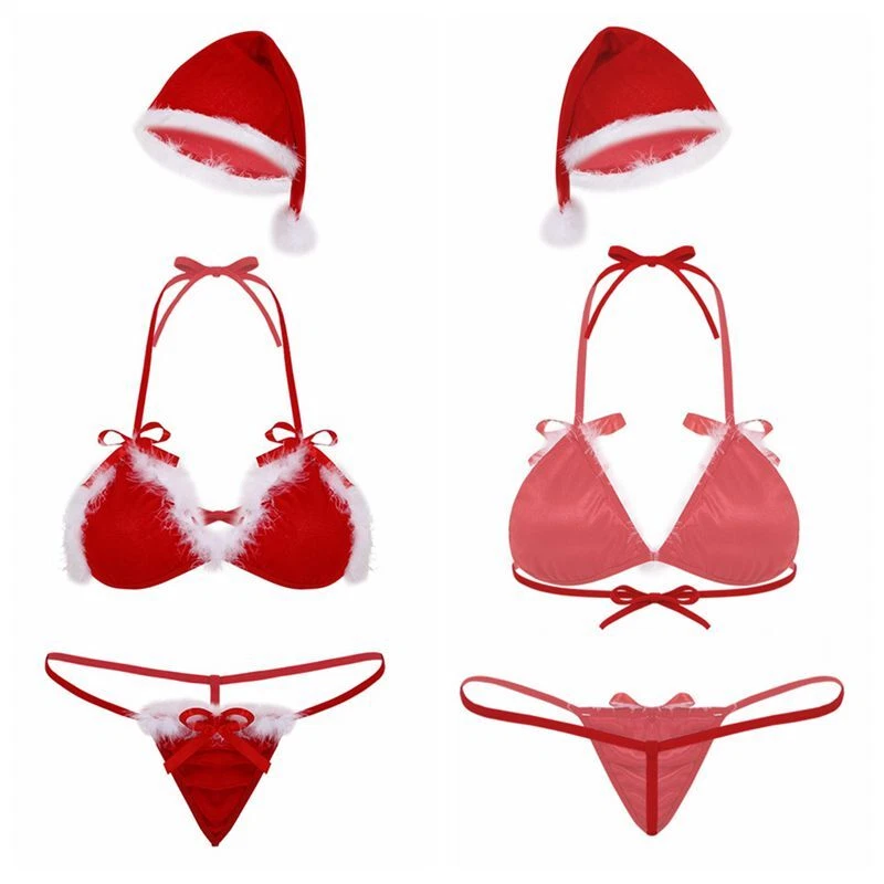 Mujeres Terciopelo Navidad Lencería Conjunto Sexy Halter Cuello Sujetador Top con T-back Sombrero Foto 1 de 1