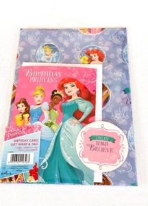 Disney PRINCESS BIRTHDAY CARD & ENVELOPE SHEET GIFT WRAP &TAG DREAM WISH BELIEVE - Picture 1 of 4