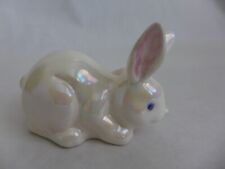 RUSS  4" Porcelain Bunny Rabbit Figurine White Iridescent Luster Bow Detail