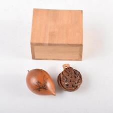 Chinese walnut seed carving w/ floral Chinese poem design netsuke 2 pcs w/ box