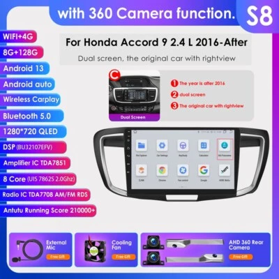 For Honda Accord 9th 10.1" Android 13 8+128GB Radio Carplay GPS DSP mit 360° Cam - Image 1 of 4