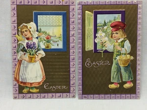 2 Vintage Embossed Dutch boy girl 1913 Easter Postcards flowers - Picture 1 of 8