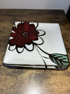 Parker And Jane Square Salad Plates Maroon Flower  8" Set Of 4 - Picture 1 of 2