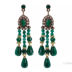 Bohemian Green Long Bead Tassel Dangle Natural Stone Earrings - Picture 1 of 4
