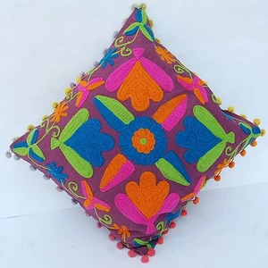 Decorative Indian Floral Suzani Pillow Cases Woolen Embroidery Cushion Cover 16" - Picture 1 of 6