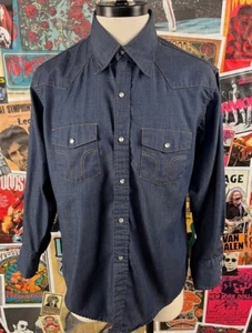 Vintage 70s Indigo Dark Wash Dickies Denim Pearl Snap Western Shirt Men L/XL - Picture 1 of 9