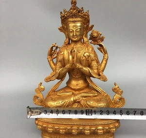 antiguo budismo tibetano dorado de bronce 4 brazos estatuas de Buda Chenrezig Avalokiteshvara - Imagen 1 de 7