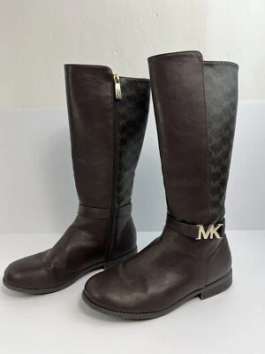 Botas Michael Kors Cuero Correa al Tobillo Talla 5 Marrón Dorado Medio Pantorrilla Monograma Foto 1 de 4
