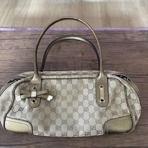 GUCCI Princy GG Lona Cuero Mini Bolso Boston Línea Jerez Dorado Buen Estado - Imagen 1 de 10