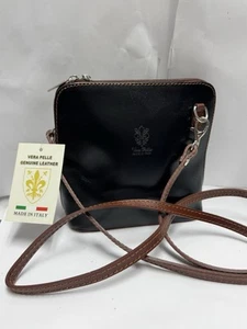 Vera Pelle Sports Crossbody Purse Genuine Sports Leather Zip Around Black New  - Picture 1 of 18