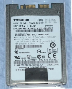 Toshiba 250GB Internal 5400RPM 1.8" MK2533GSG MICROSATA HDD 577990-001 - Picture 1 of 4
