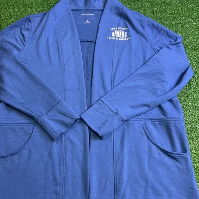Suéter abierto Caridgan azul con logotipo de biblioteca pública del condado de Lake para mujer talla XL Foto 1 de 4