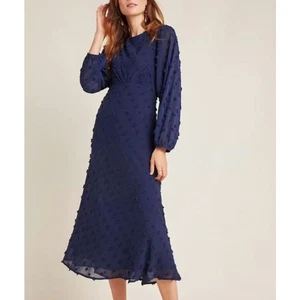 Abito Anthropologie Eri + Ali Michaela blu navy maniche trasparenti midi taglia 10 - Foto 1 di 10