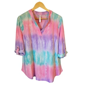 Dear Scarlett Women's Popover Blouse Size L Pink Purple Print 3/4 Sleeves Top - Picture 1 of 6