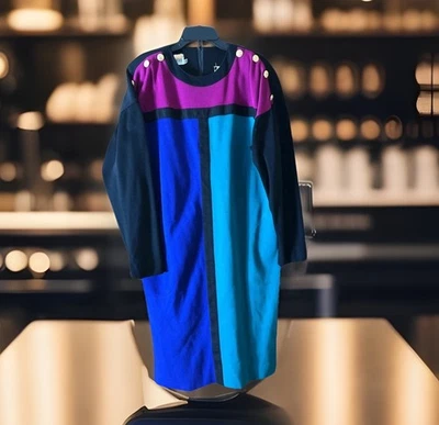 VTG Leslie Fay Colorblock Dress Women’s 14 Sheath Knit Secretary Geek Midi - Image 1 of 4