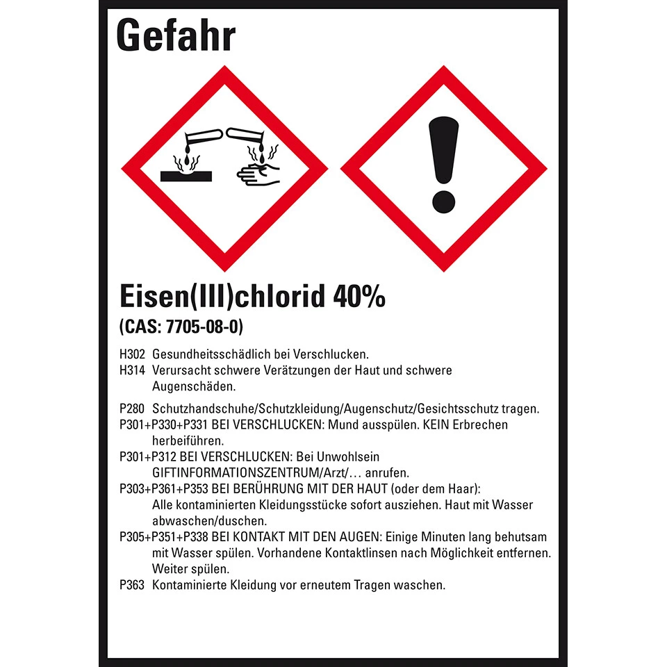GHS-Etikett Eisen(III)chlorid 40% GefStoffV/GHS/CLP Folie 52x74mm VE=10 - Bild 1 von 1