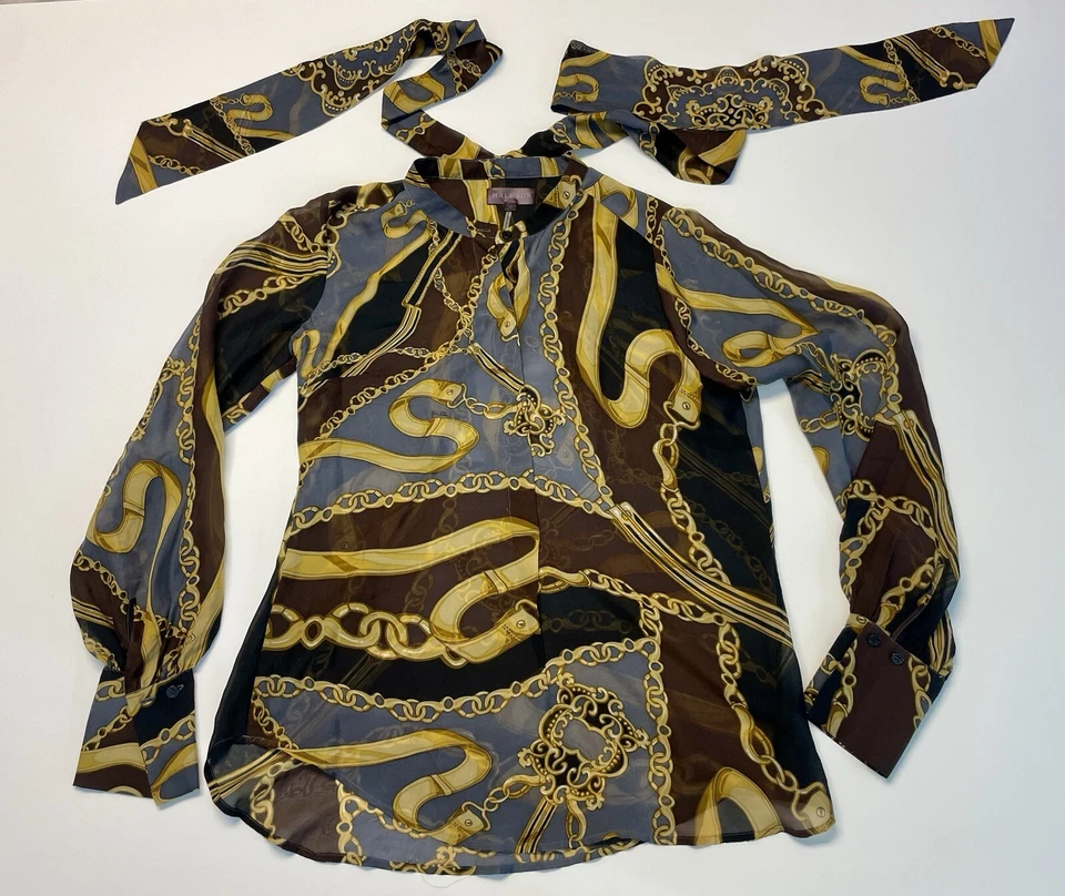 HALE BOB Cadena Dorada Seda Medio Botón Manga Larga Top con Cuello Faja Bufanda M Foto 1 de 4