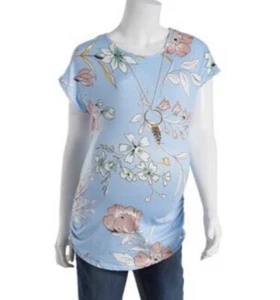 NWT Medium Blue Floral Due Time Short Sleeve Maternity Top - Picture 1 of 2