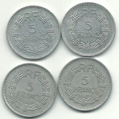MUY BONITO LOTE 4 MONEDAS DE ALUMINIO FRANCIA 5 FRANCOS-1945,1946,1947,1949-MAY654 Foto 1 de 2