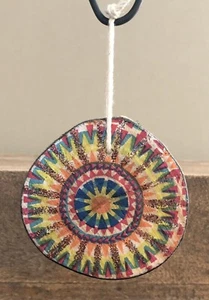 Boho Colorful Ornament Decoupage Round Wood Slice Plaque Tiered Tray Decor - Picture 1 of 8
