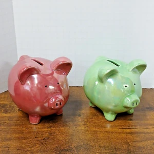 Lot of 2 Piggy Banks, Dark Pink & Green, Iridescent Finish, 5" - Picture 1 of 7