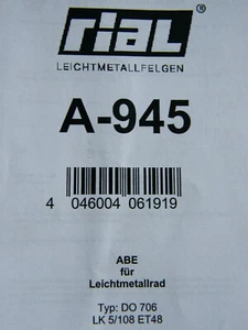 ABE und TÜV Gutachten RIAL Davos DO 706 KBA 48085 DO706 - Picture 1 of 1
