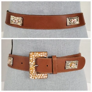Cinturón de Cuero Concho Embellecido de Colección EXPRESS Talla Grande 39" Marrón Roca de Guijarros - Imagen 1 de 12