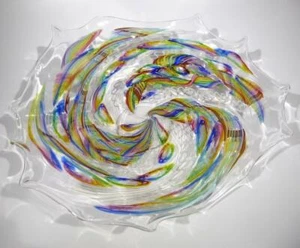 LARGE HAND BLOWN GLASS ART DECOR TABLE PLATTER BOWL CENTERPIECE, DIRWOOD, n3694 - Picture 1 of 7