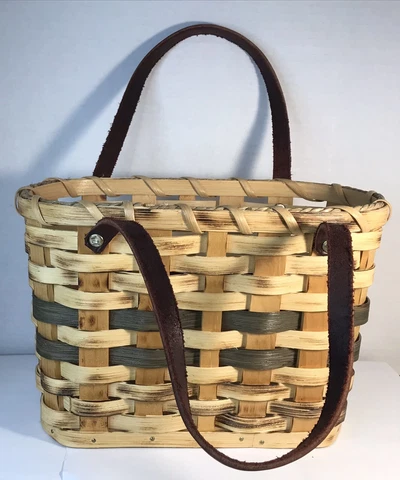Wooden Basket With Leather Handles 10” X 6.5” X 6” Sturdy READ DESCRIPTION!!!! Cover