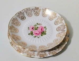Vintage Roslyn Pink Rose Golden Filigree Scalloped Border Saucer & Side Plate - Picture 1 of 10