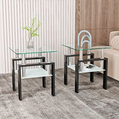 2 Set Nightstand Sofa Tea End Side Table Bedside Table Tempered Glass Tea Table - Image 1 of 4