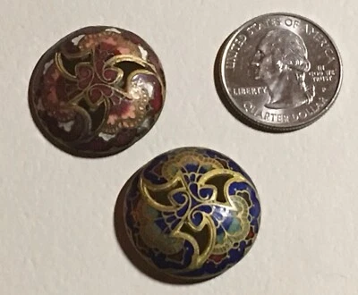 Pair of Two Buttons French Enamel Champleve Pierced Match in Red & Blue w Shanks - Image 1 of 4