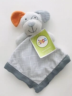 NUEVO Circo Gris Cachorro Perro Bebé Manta de Seguridad Naranja Oreja Satén Lovey Juguete Objetivo Foto 1 de 2