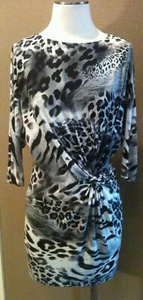 Muse 4 S Black & Ivory Luxe Animal Print Dress W Ruching & 3/4 Sleeves - Picture 1 of 8