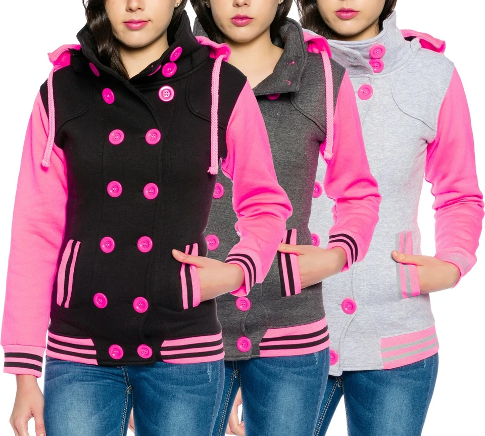 Damen Übergangsjacke Lang Mantel Jacke Hoodie Kapuze Fleece Sweatjacke Neon Pink - Bild 1 von 1