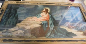 25-677 Vintage Jesus Litho Art Under Glass Ornate Gilded Wood Frame Gethsemane - Bild 1 von 8