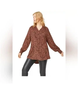 Ellos Womens Plus Size 4X Brown Black Dot Tunic Top  - Picture 1 of 7