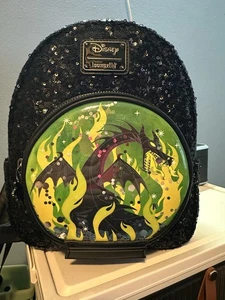 Loungefly Disney Villains Maleficent Dragon Sequin Snow Globe Mini Backpack EUC - Picture 1 of 7