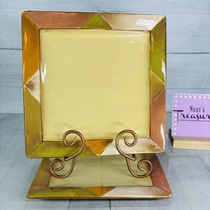 Clay Art DIAMONDS Stonelite Rust Tan Green White Square Dinner Plates Set of 2 - Picture 1 of 16