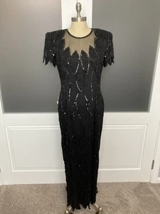 Vintage Stenay 1980er schwarz Seide Perlen Pailletten langes Kleid Dress Abend Damengröße 12 " - Bild 1 von 13