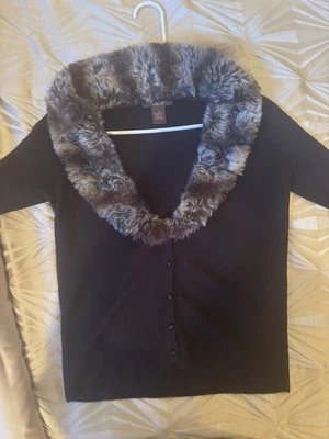 Elegant Black Cardigan Sweater with Detachable Beaded Faux Fur Collar Size Small - Image 1 of 4