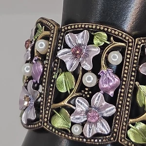 Bracciale con cerniera strass smalto fiori tono bronzo viola verde perla - Foto 1 di 6