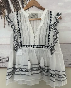SEA NEW YORK Off White Navy Lace Broderie Peasant Top Blouse Size 2 Fit 10 AU - Picture 1 of 5