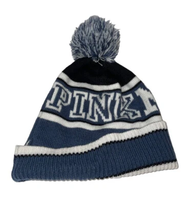 VICTORIAS SECRET 粉色 NATION 印花条纹针织冬季 BEANIE 帽子蓝色 — 第 1/4 张图片