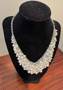 Charter Club Signed Pearl & Rhinestone Statement Bib Necklace 18" Silver Tone - Picture 1 of 11