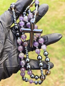 Rosenkranz natürliche Kristallperlen, schönes Hämatit Kreuz ✝️  - Bild 1 von 11