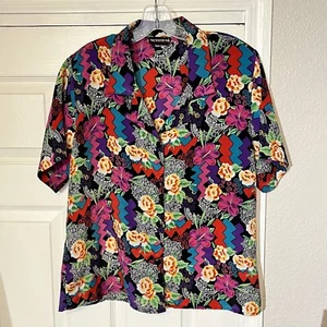 Vintage Notations Womens Blouse Top Floral Button Up Hawaiian Chevron Size L - Picture 1 of 8
