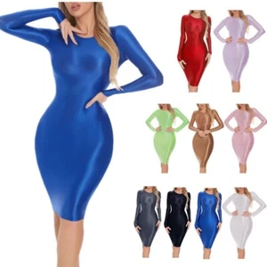 Women's Glossy Long Sleeve Pencil Dress Hip Wrap Tight Bodycon Dress AU - Picture 1 of 85
