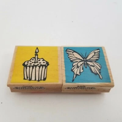 Vap! Sello de goma chatarra mariposa monarca y vela para cupcakes montaje en madera 2" x 2" Foto 1 de 4